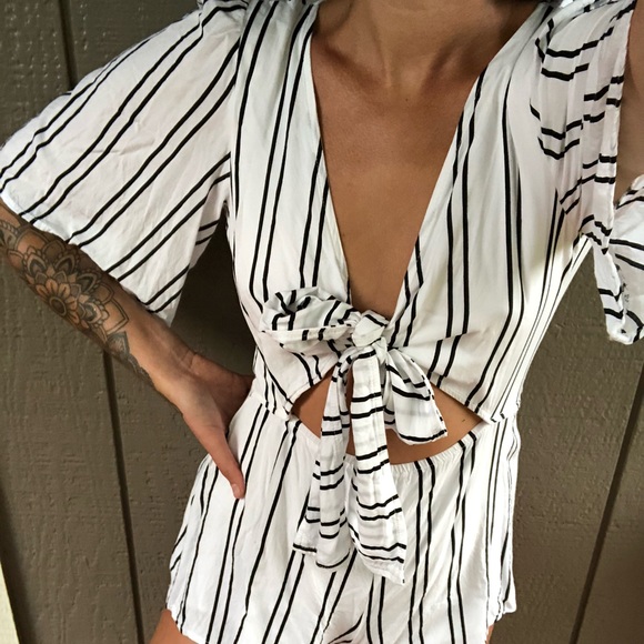 Pants - White striped tie front romper